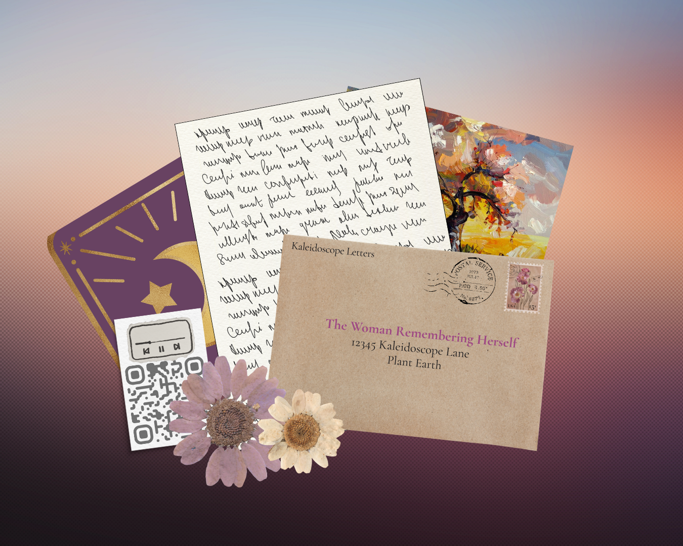 A flat lay of a Kaleidoscope Letters monthly envelope with paper keepsakes